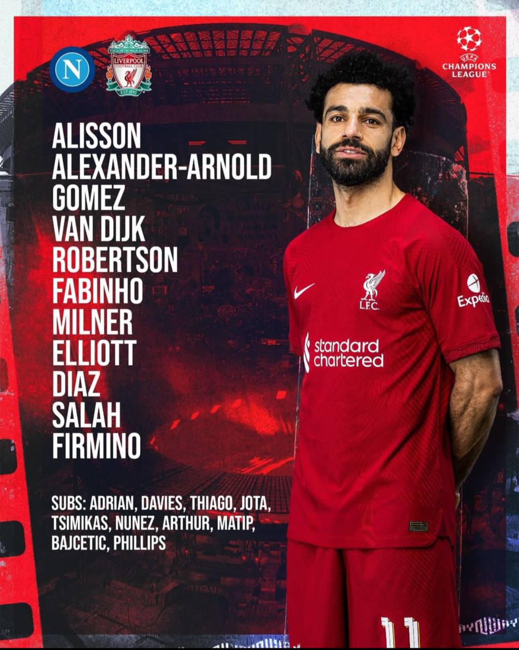 محمد صلاح در ترکیب لیورپول مقابل ناپولی برای بازی امشب 16 شهریور 1401 | دیلی 3