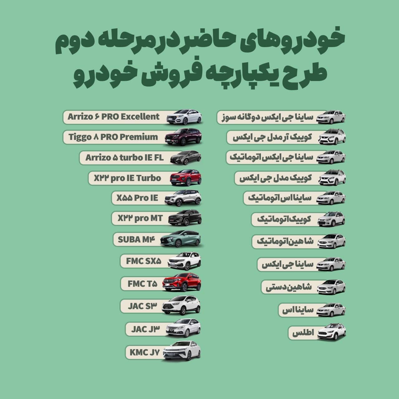 عکس| خودروهای قرعه کشی اردیبهشت 1402؛ ماشین های مرحله دوم سامانه یکپارچه خودرو عکس| خودروهای قرعه کشی اردیبهشت 1402؛ ماشین های مرحله دوم سامانه یکپارچه خودرو | دیلی 3